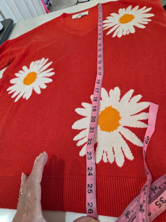Laurie Felt Daisy Print V-Neck Orange Sweater Tunic Small Flower Power 70s Retro - Picture 10 of 12